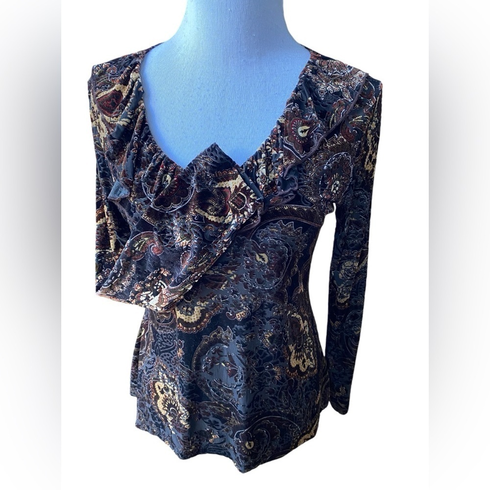 Carole Little Long Sleeve Velvet Top w/ Ruffle V-Neckline with Paisley Print Y2K